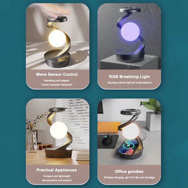 3D Levitating Ball Lamp with Wireless Phone Charger Creative Table 3D LED Lamp Floating Moon Table Lamp for Bedroom Novelty Gift